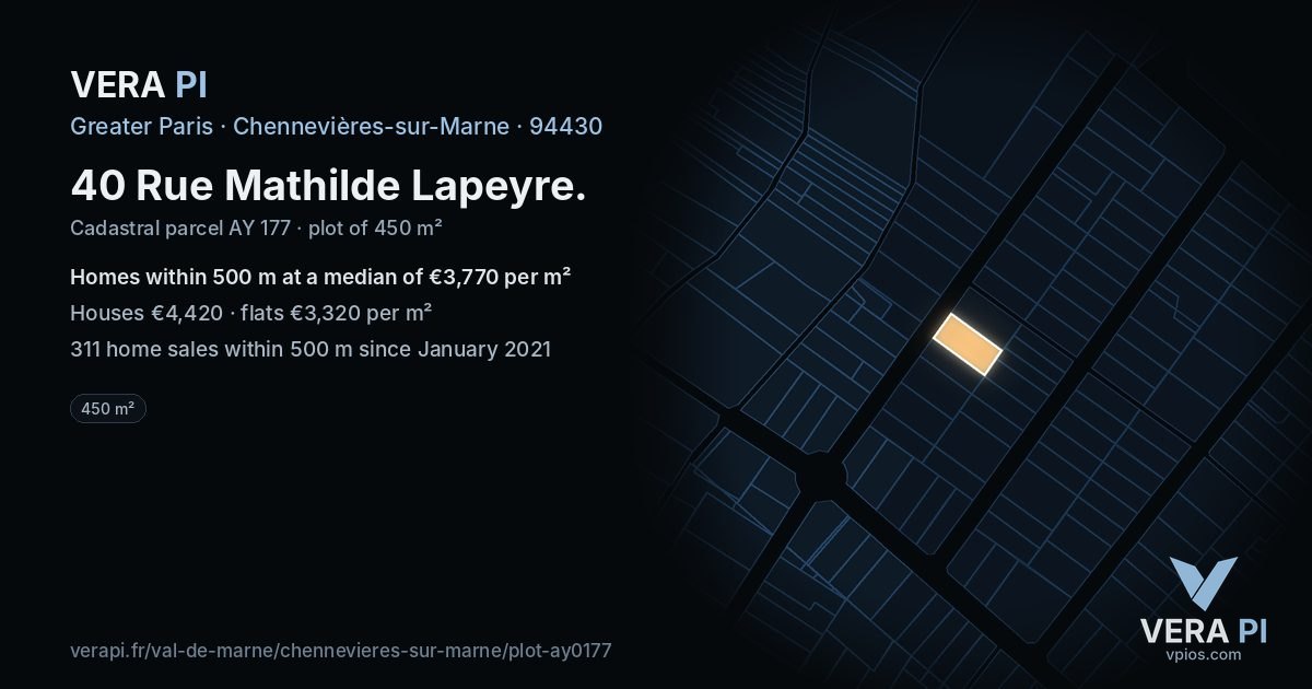40 Rue Mathilde Lapeyre, Chennevières-sur-Marne at night – the plot lit, the parcels around coloured by the prices near them