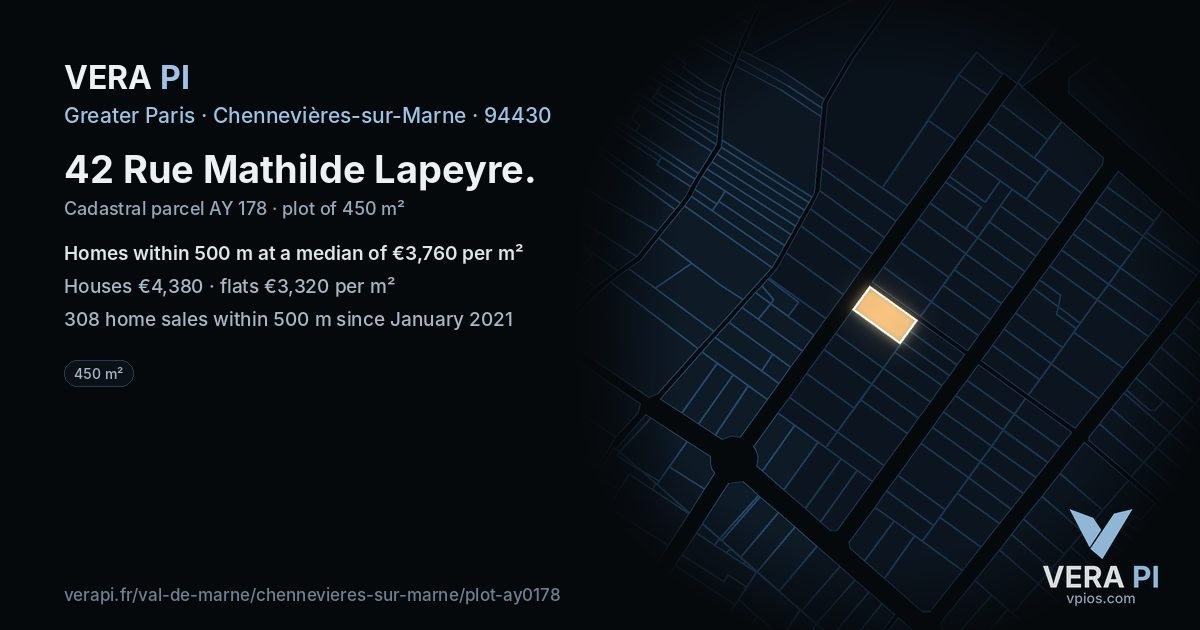 42 Rue Mathilde Lapeyre, Chennevières-sur-Marne at night – the plot lit, the parcels around coloured by the prices near them