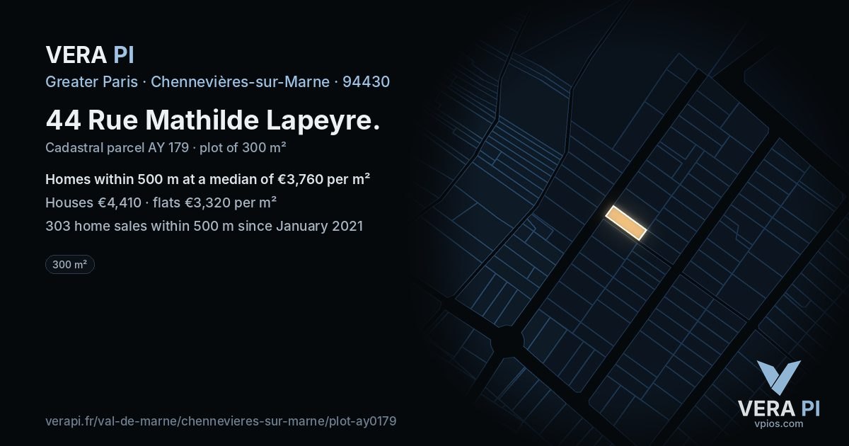 44 Rue Mathilde Lapeyre, Chennevières-sur-Marne at night – the plot lit, the parcels around coloured by the prices near them