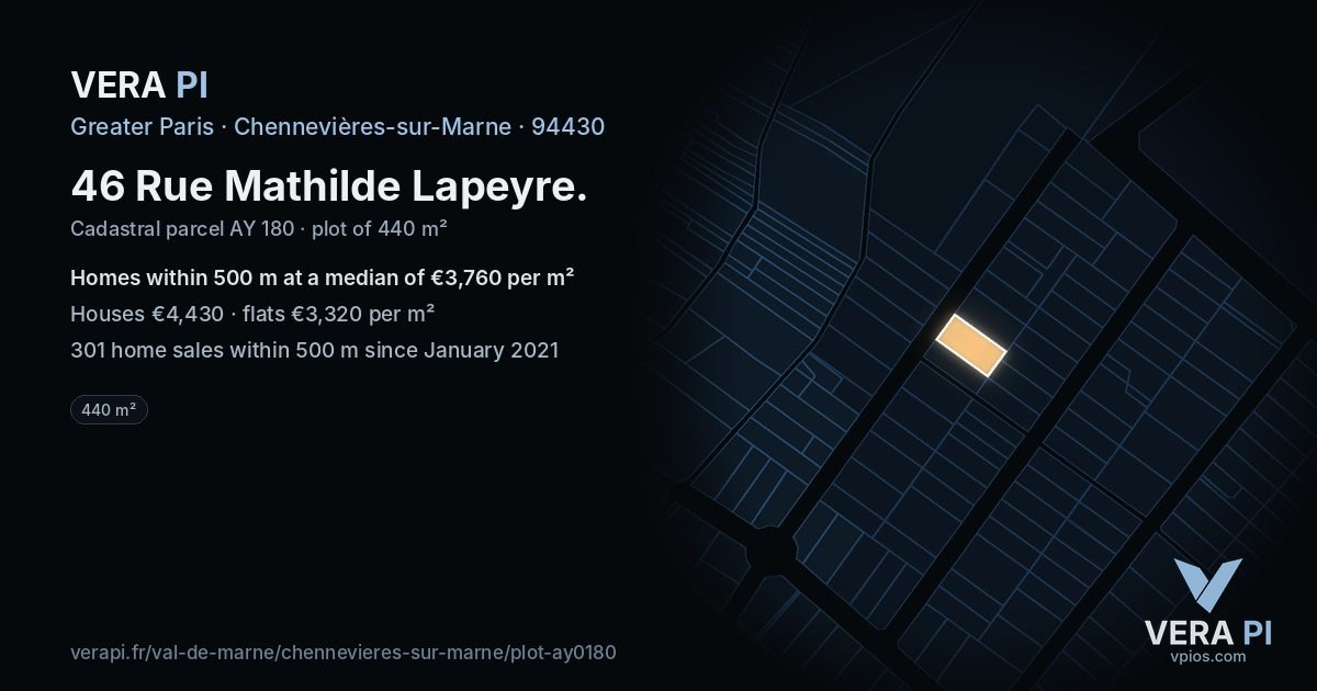 46 Rue Mathilde Lapeyre, Chennevières-sur-Marne at night – the plot lit, the parcels around coloured by the prices near them