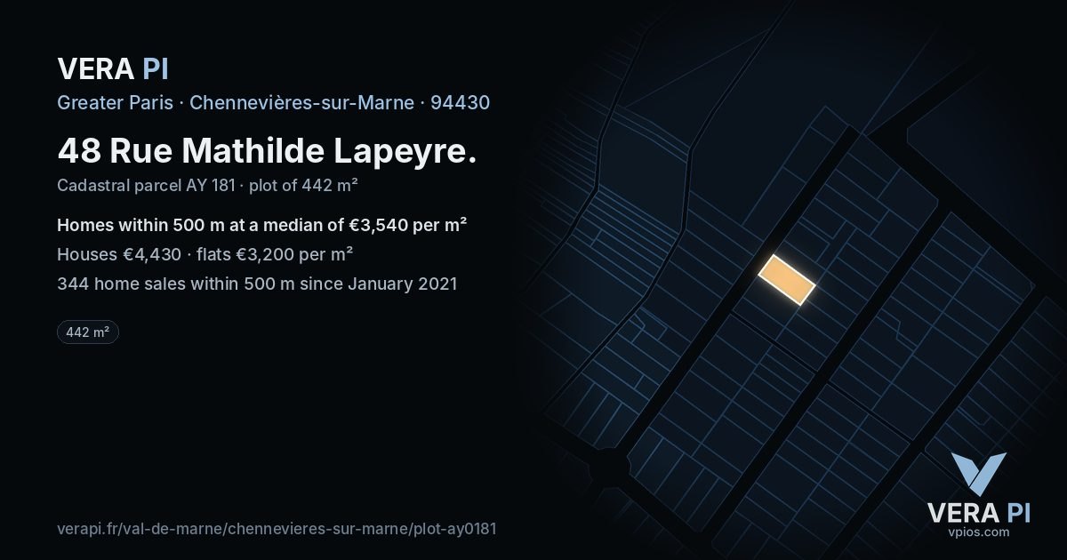 48 Rue Mathilde Lapeyre, Chennevières-sur-Marne at night – the plot lit, the parcels around coloured by the prices near them