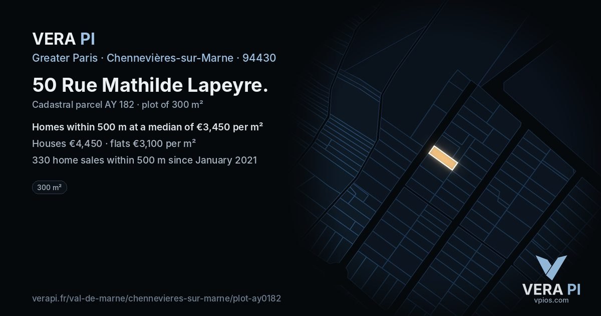50 Rue Mathilde Lapeyre, Chennevières-sur-Marne at night – the plot lit, the parcels around coloured by the prices near them