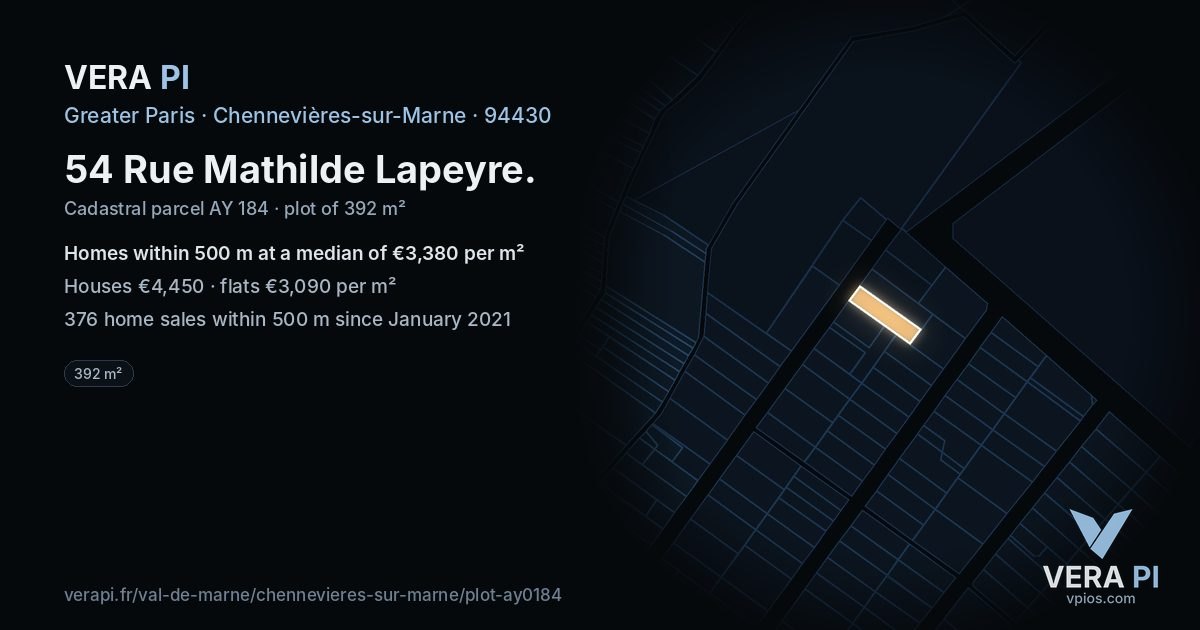 54 Rue Mathilde Lapeyre, Chennevières-sur-Marne at night – the plot lit, the parcels around coloured by the prices near them