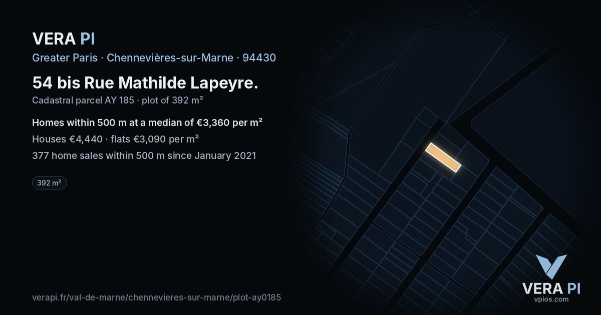 54 bis Rue Mathilde Lapeyre, Chennevières-sur-Marne at night – the plot lit, the parcels around coloured by the prices near them