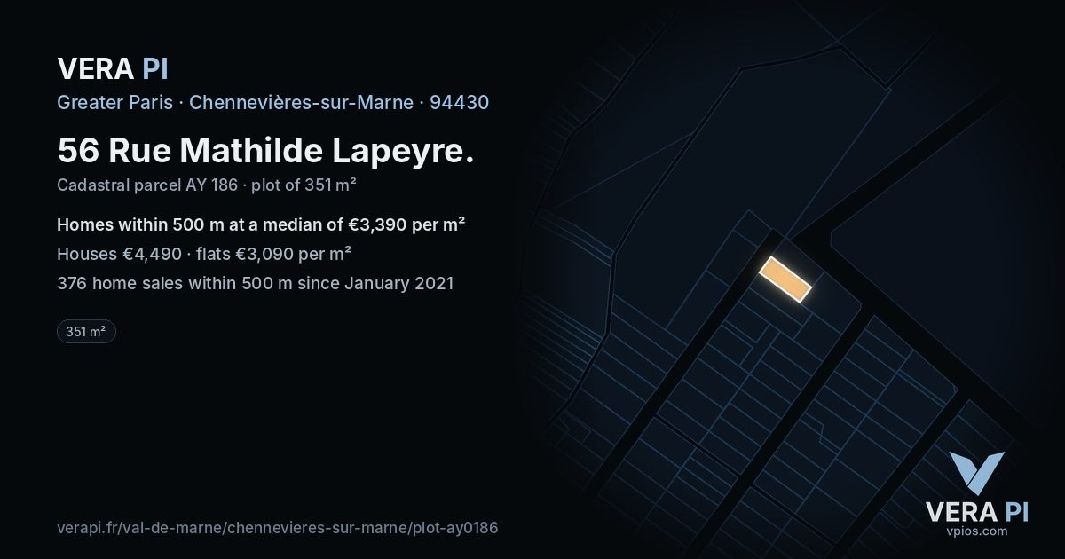 56 Rue Mathilde Lapeyre, Chennevières-sur-Marne at night – the plot lit, the parcels around coloured by the prices near them