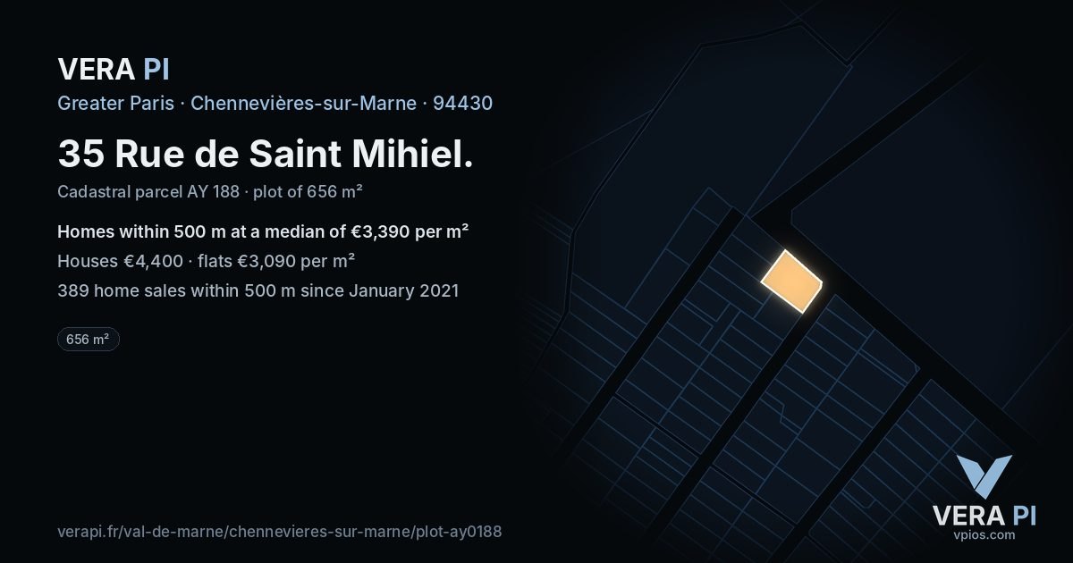 35 Rue de Saint Mihiel, Chennevières-sur-Marne at night – the plot lit, the parcels around coloured by the prices near them