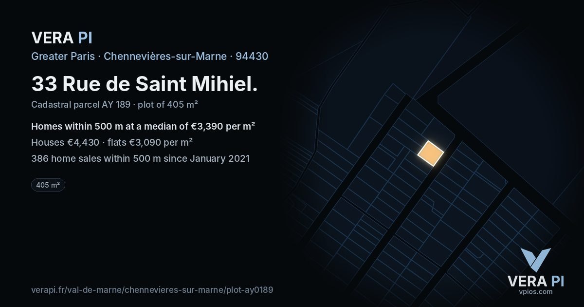 33 Rue de Saint Mihiel, Chennevières-sur-Marne at night – the plot lit, the parcels around coloured by the prices near them