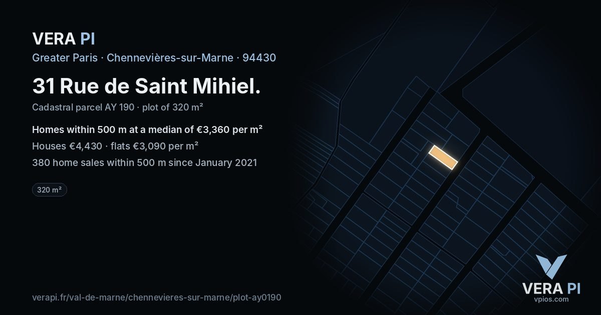 31 Rue de Saint Mihiel, Chennevières-sur-Marne at night – the plot lit, the parcels around coloured by the prices near them