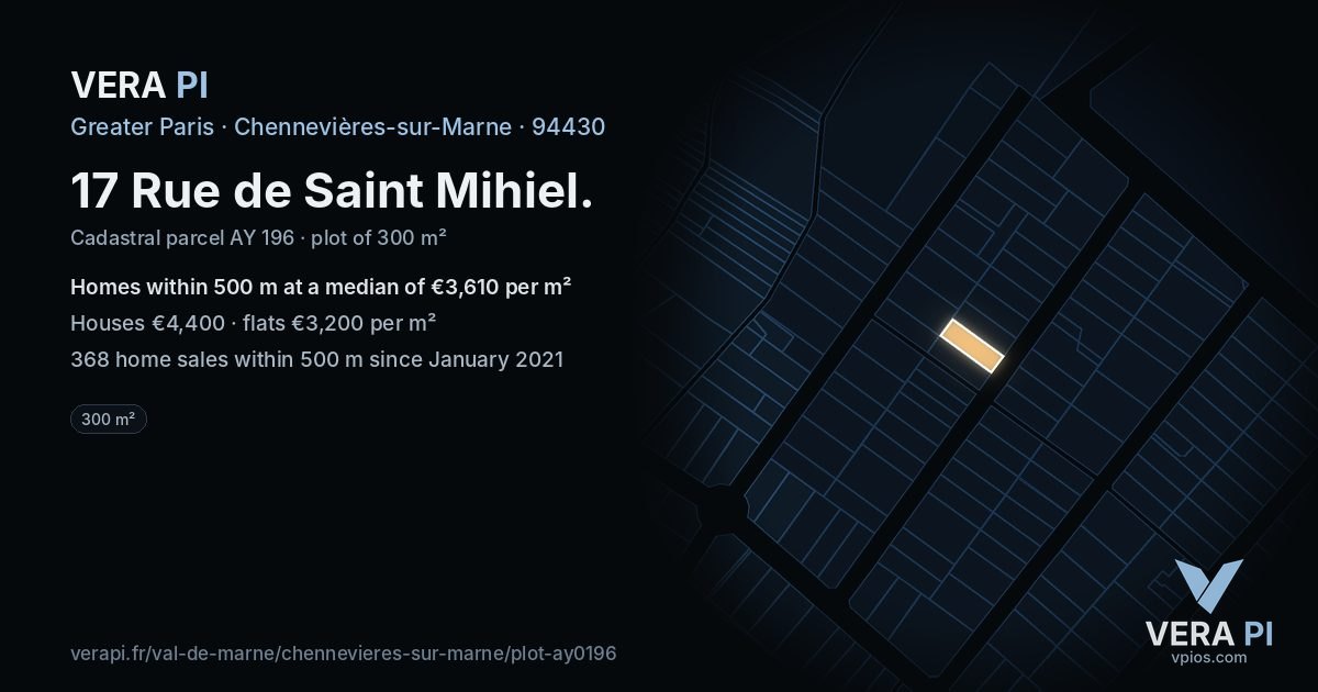 17 Rue de Saint Mihiel, Chennevières-sur-Marne at night – the plot lit, the parcels around coloured by the prices near them