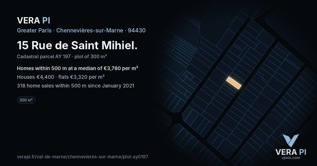 15 Rue de Saint Mihiel, Chennevières-sur-Marne at night – the plot lit, the parcels around coloured by the prices near them