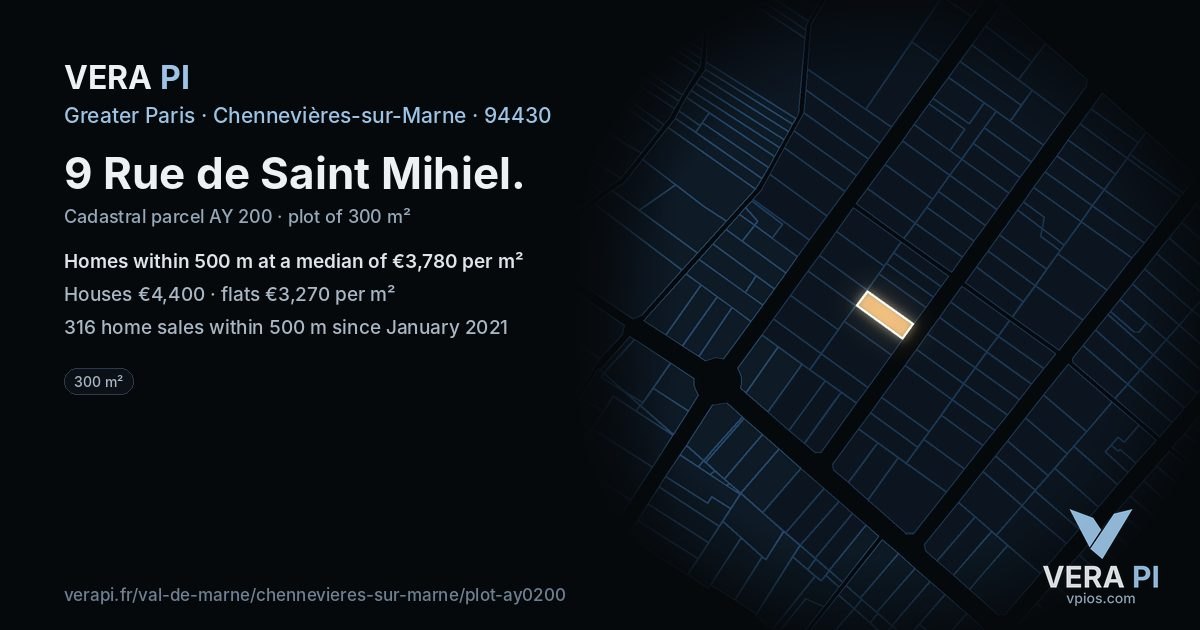 9 Rue de Saint Mihiel, Chennevières-sur-Marne at night – the plot lit, the parcels around coloured by the prices near them