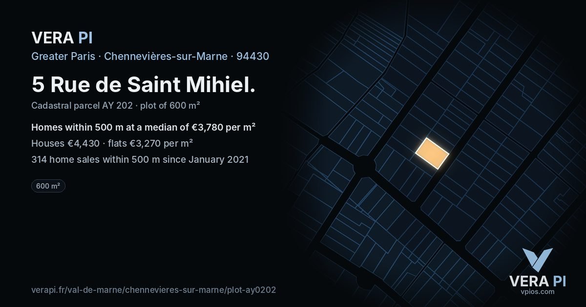 5 Rue de Saint Mihiel, Chennevières-sur-Marne at night – the plot lit, the parcels around coloured by the prices near them