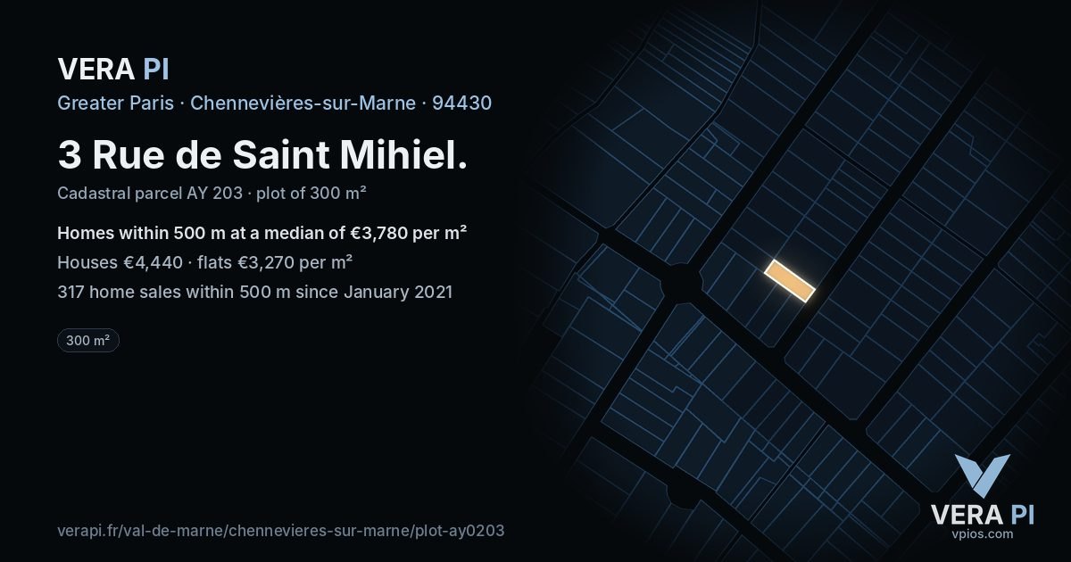 3 Rue de Saint Mihiel, Chennevières-sur-Marne at night – the plot lit, the parcels around coloured by the prices near them