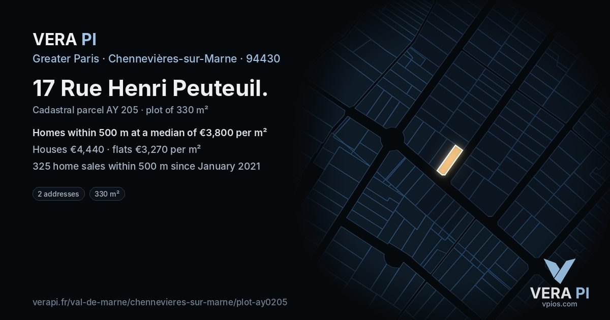 17 Rue Henri Peuteuil, Chennevières-sur-Marne at night – the plot lit, the parcels around coloured by the prices near them