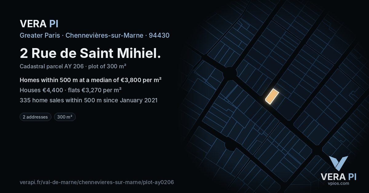 2 Rue de Saint Mihiel, Chennevières-sur-Marne at night – the plot lit, the parcels around coloured by the prices near them