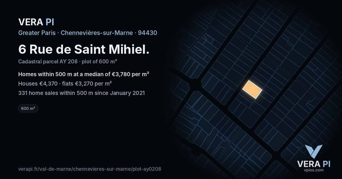 6 Rue de Saint Mihiel, Chennevières-sur-Marne at night – the plot lit, the parcels around coloured by the prices near them