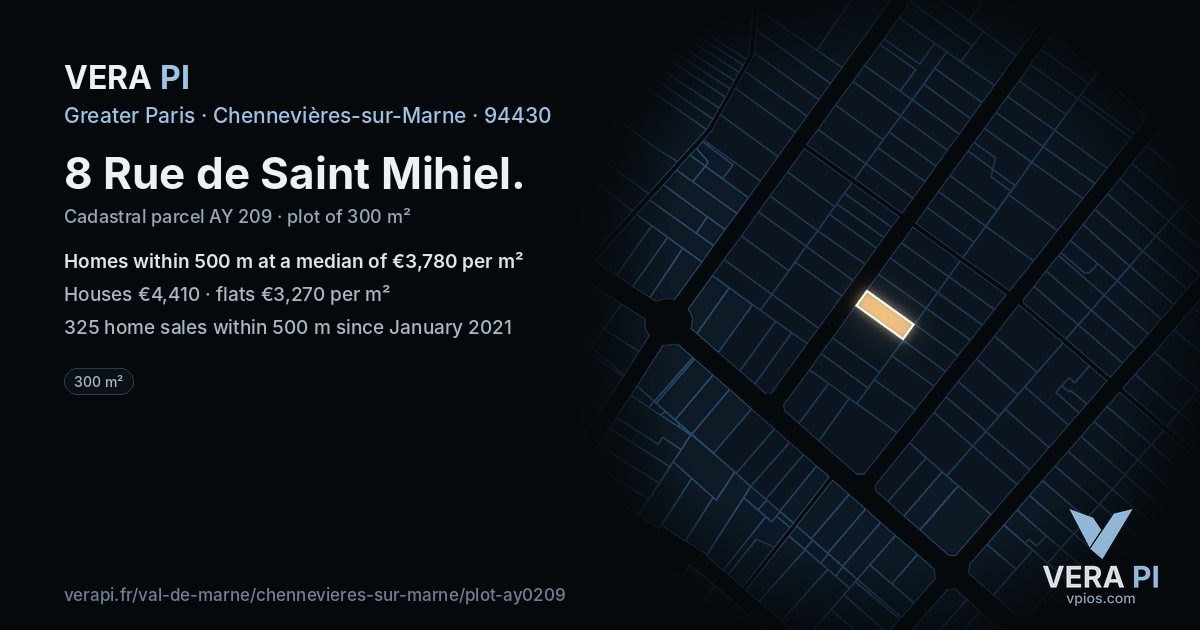 8 Rue de Saint Mihiel, Chennevières-sur-Marne at night – the plot lit, the parcels around coloured by the prices near them