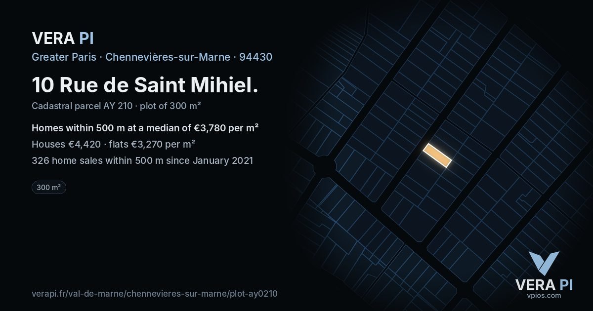 10 Rue de Saint Mihiel, Chennevières-sur-Marne at night – the plot lit, the parcels around coloured by the prices near them