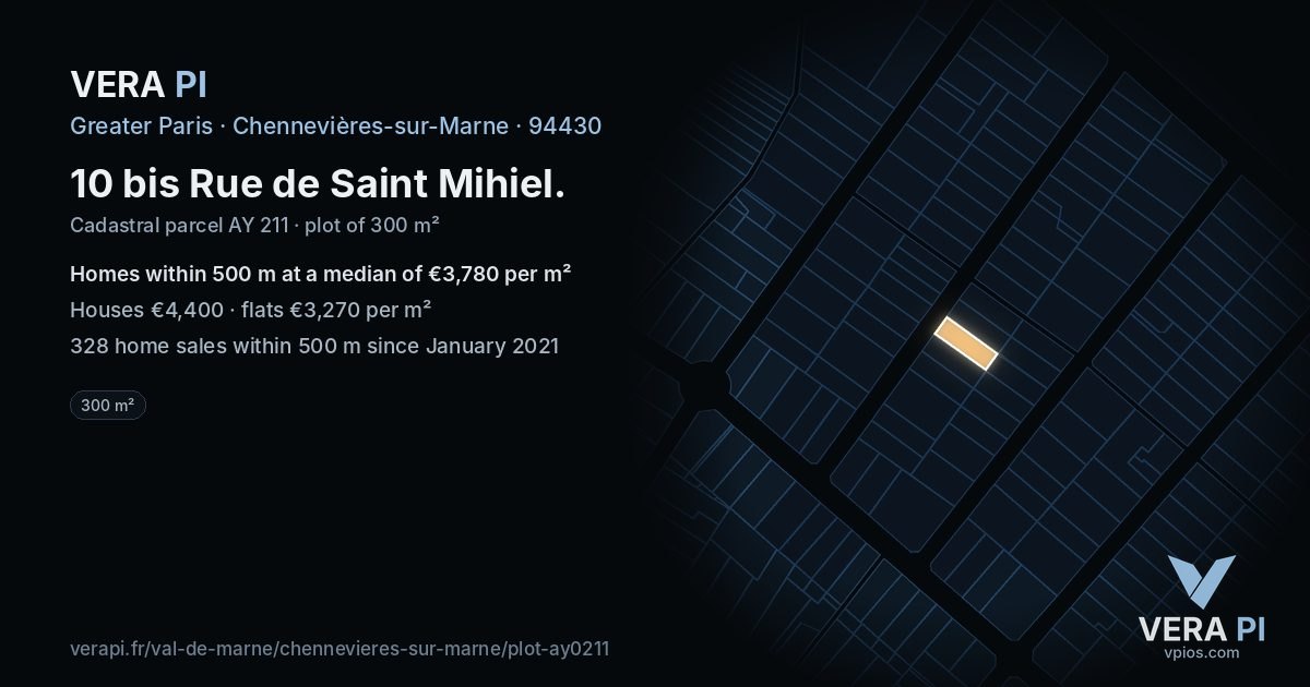 10 bis Rue de Saint Mihiel, Chennevières-sur-Marne at night – the plot lit, the parcels around coloured by the prices near them