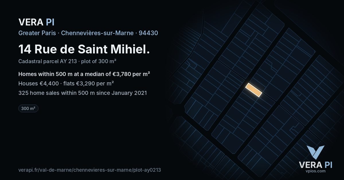 14 Rue de Saint Mihiel, Chennevières-sur-Marne at night – the plot lit, the parcels around coloured by the prices near them