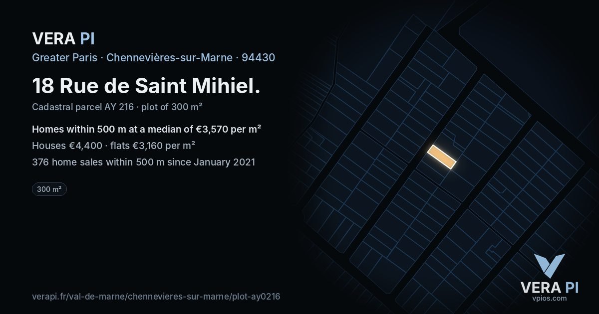 18 Rue de Saint Mihiel, Chennevières-sur-Marne at night – the plot lit, the parcels around coloured by the prices near them