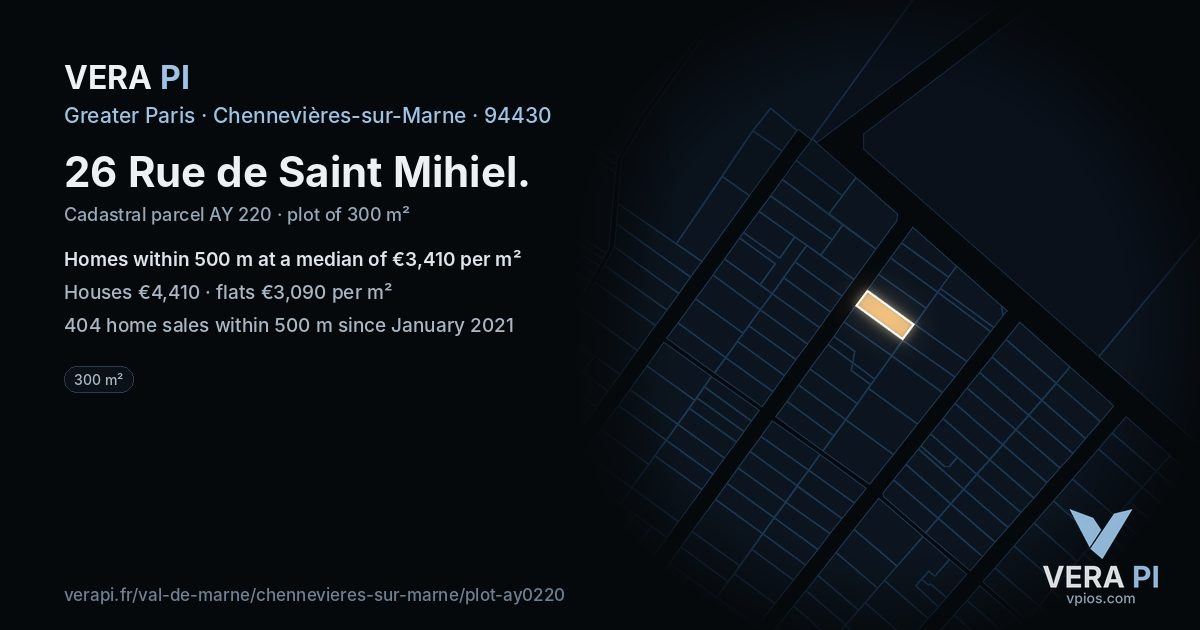 26 Rue de Saint Mihiel, Chennevières-sur-Marne at night – the plot lit, the parcels around coloured by the prices near them