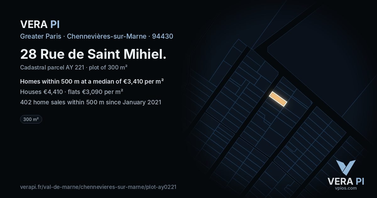 28 Rue de Saint Mihiel, Chennevières-sur-Marne at night – the plot lit, the parcels around coloured by the prices near them