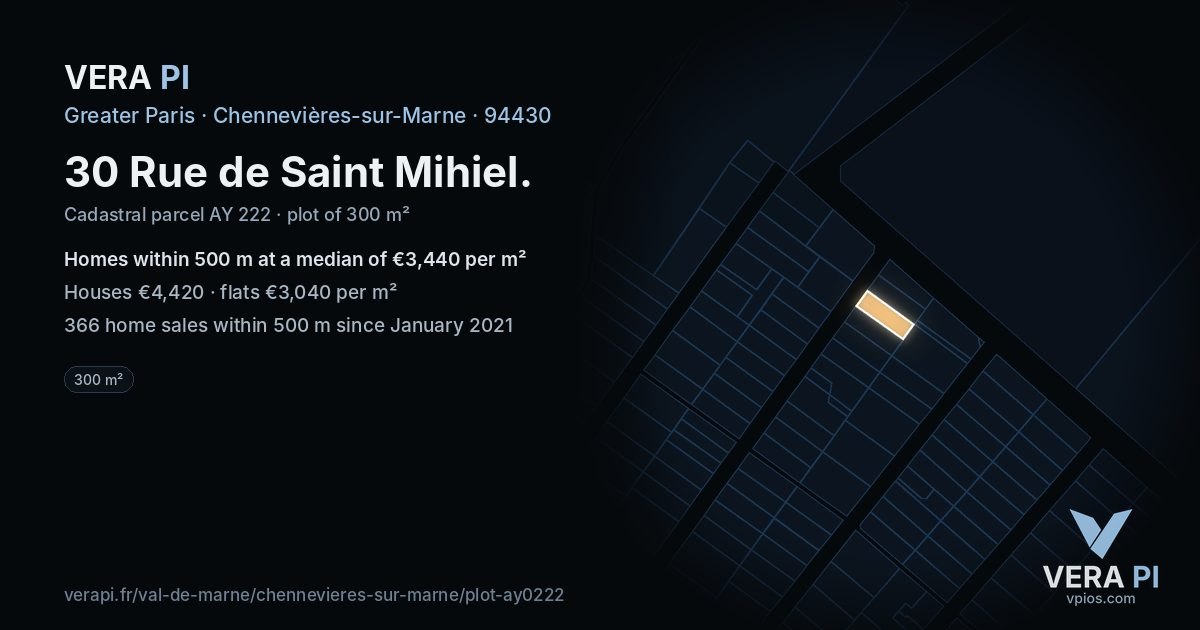30 Rue de Saint Mihiel, Chennevières-sur-Marne at night – the plot lit, the parcels around coloured by the prices near them