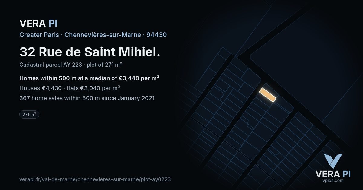 32 Rue de Saint Mihiel, Chennevières-sur-Marne at night – the plot lit, the parcels around coloured by the prices near them