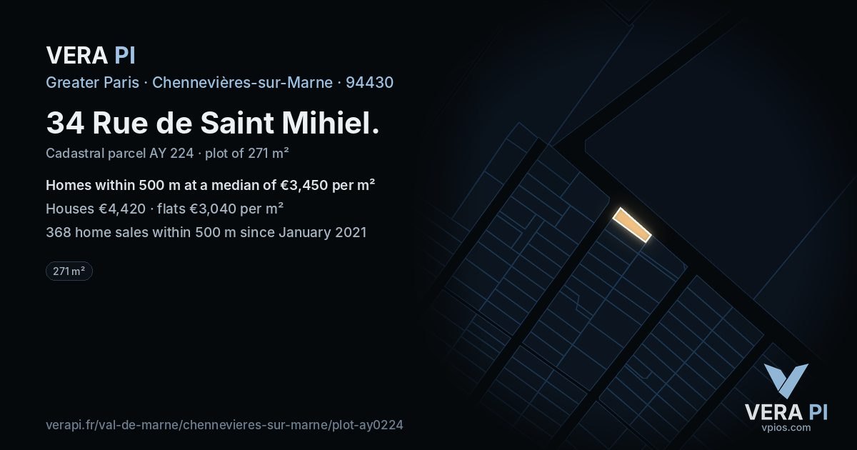 34 Rue de Saint Mihiel, Chennevières-sur-Marne at night – the plot lit, the parcels around coloured by the prices near them