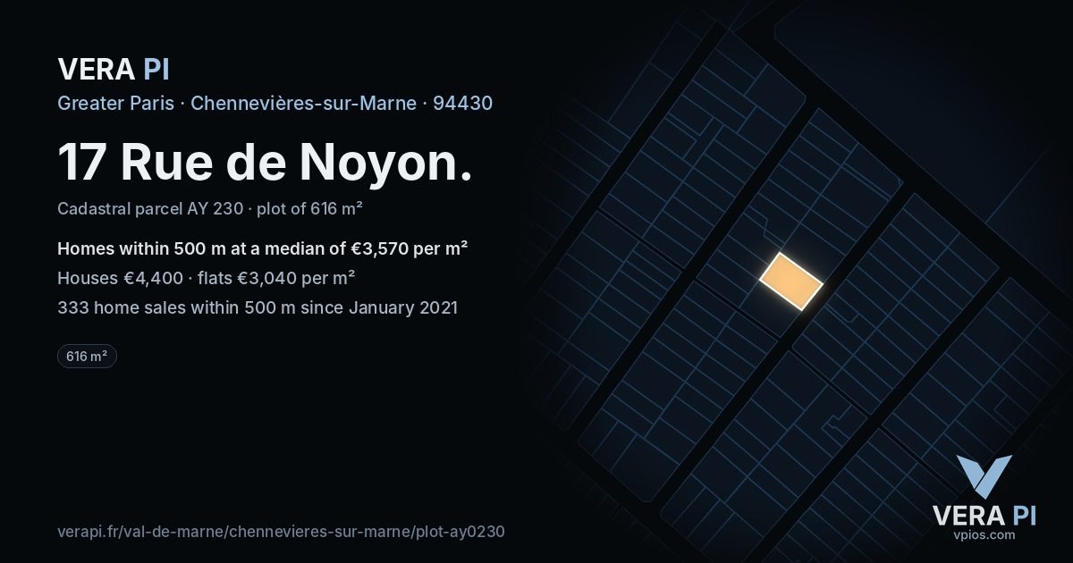 17 Rue de Noyon, Chennevières-sur-Marne at night – the plot lit, the parcels around coloured by the prices near them