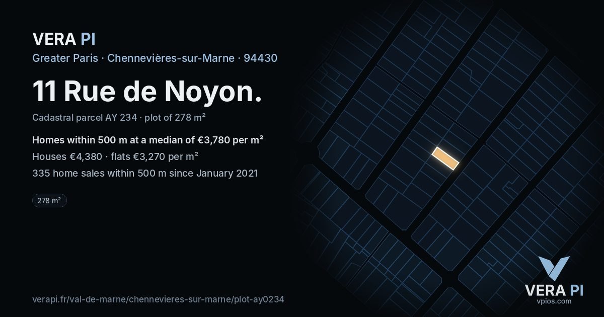 11 Rue de Noyon, Chennevières-sur-Marne at night – the plot lit, the parcels around coloured by the prices near them
