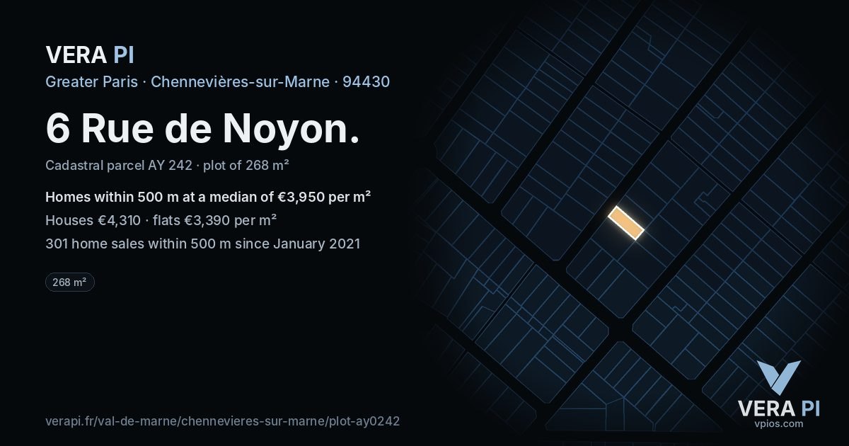 6 Rue de Noyon, Chennevières-sur-Marne at night – the plot lit, the parcels around coloured by the prices near them
