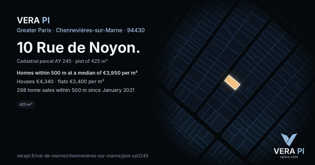 10 Rue de Noyon, Chennevières-sur-Marne at night – the plot lit, the parcels around coloured by the prices near them