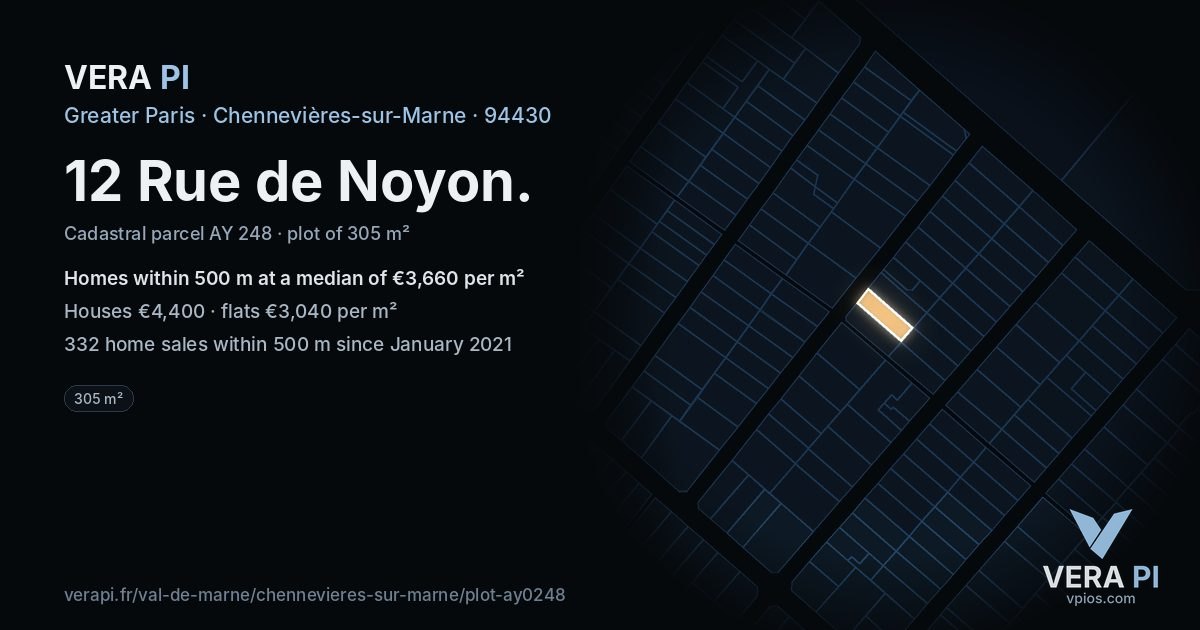 12 Rue de Noyon, Chennevières-sur-Marne at night – the plot lit, the parcels around coloured by the prices near them