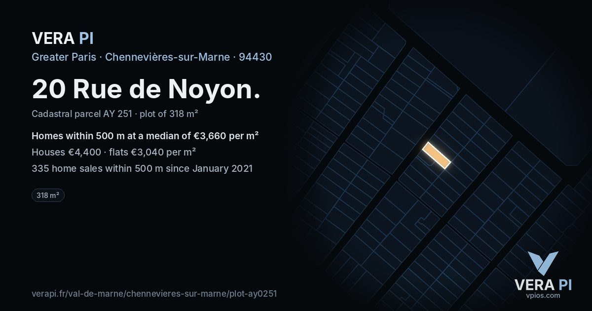 20 Rue de Noyon, Chennevières-sur-Marne at night – the plot lit, the parcels around coloured by the prices near them