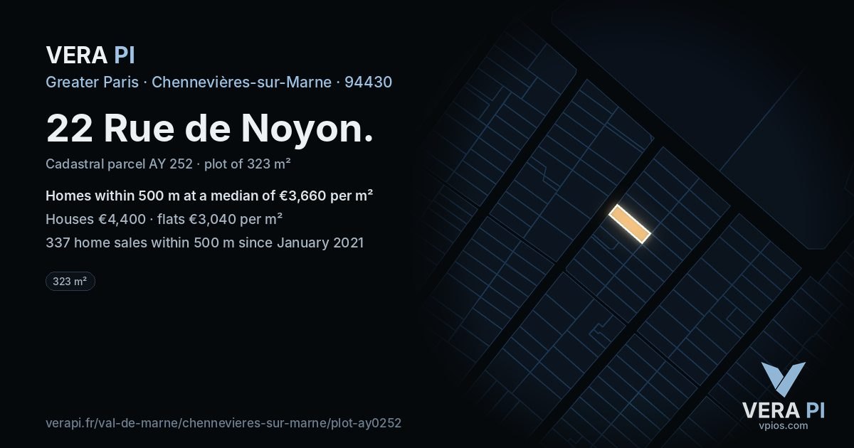 22 Rue de Noyon, Chennevières-sur-Marne at night – the plot lit, the parcels around coloured by the prices near them