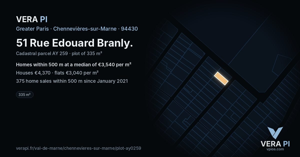51 Rue Edouard Branly, Chennevières-sur-Marne at night – the plot lit, the parcels around coloured by the prices near them