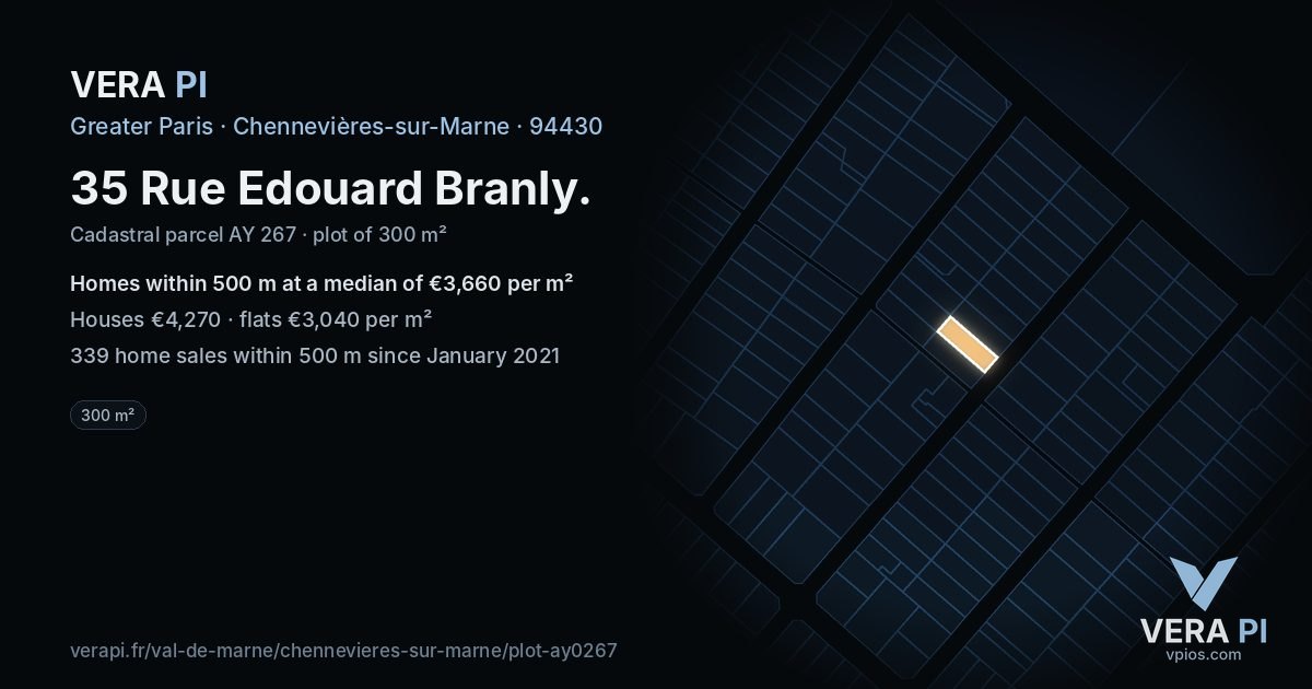 35 Rue Edouard Branly, Chennevières-sur-Marne at night – the plot lit, the parcels around coloured by the prices near them