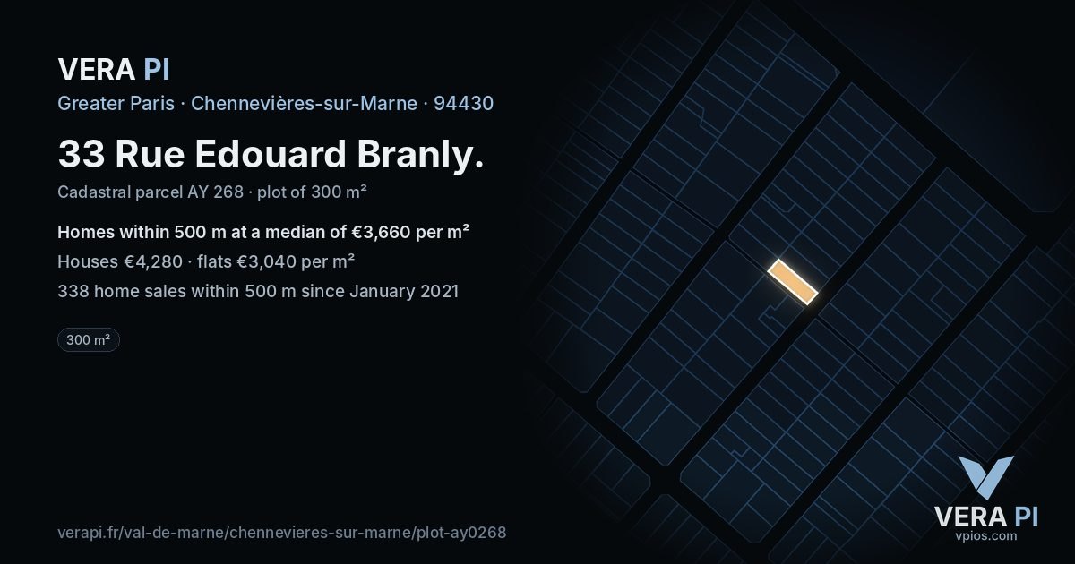 33 Rue Edouard Branly, Chennevières-sur-Marne at night – the plot lit, the parcels around coloured by the prices near them