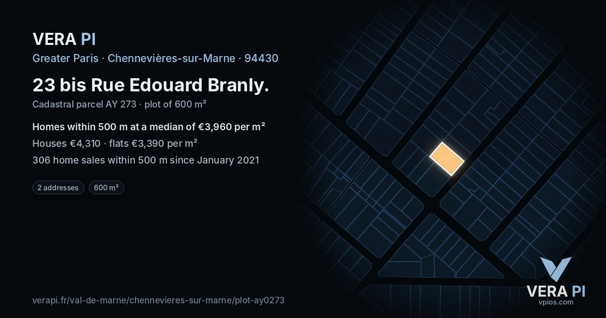 23 bis Rue Edouard Branly, Chennevières-sur-Marne at night – the plot lit, the parcels around coloured by the prices near them