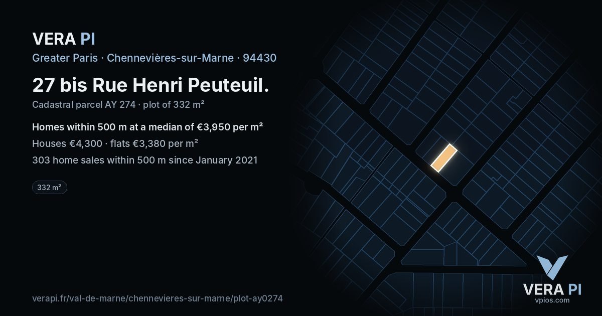 27 bis Rue Henri Peuteuil, Chennevières-sur-Marne at night – the plot lit, the parcels around coloured by the prices near them