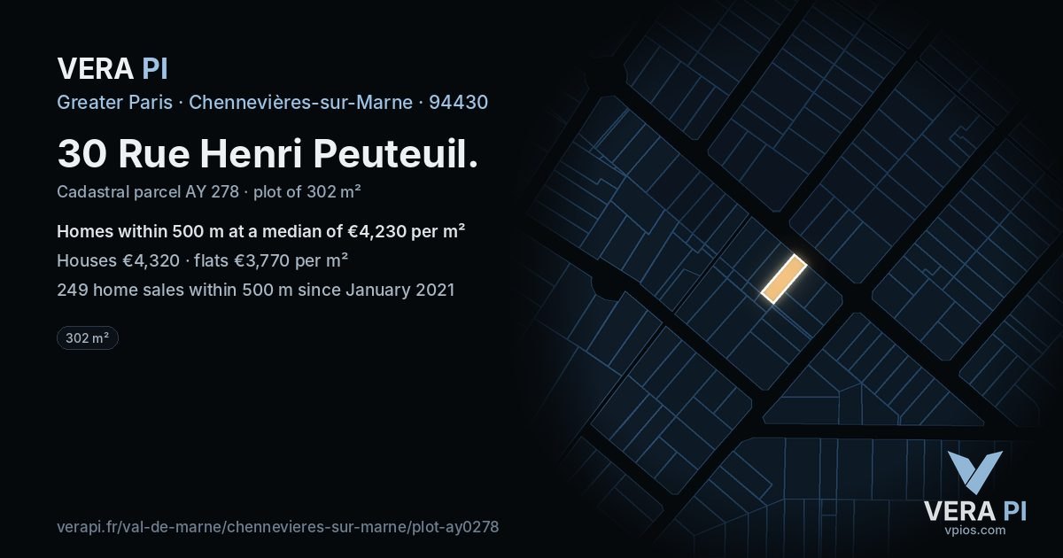 30 Rue Henri Peuteuil, Chennevières-sur-Marne at night – the plot lit, the parcels around coloured by the prices near them