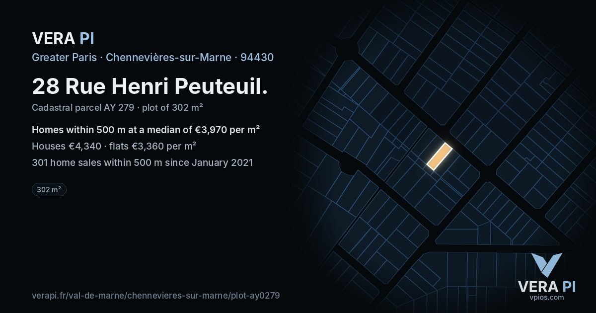28 Rue Henri Peuteuil, Chennevières-sur-Marne at night – the plot lit, the parcels around coloured by the prices near them