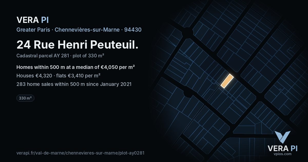 24 Rue Henri Peuteuil, Chennevières-sur-Marne at night – the plot lit, the parcels around coloured by the prices near them