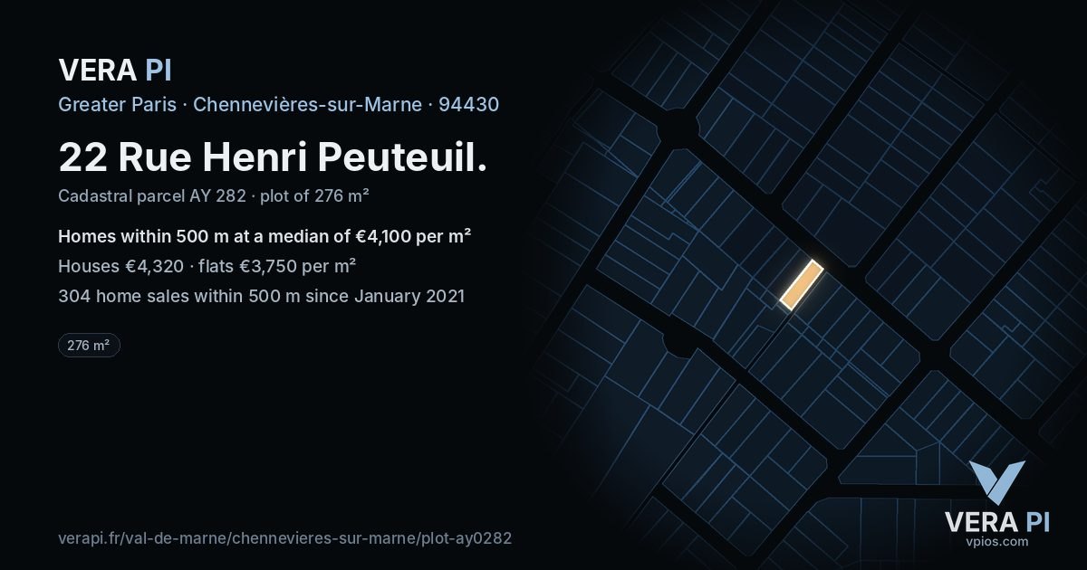 22 Rue Henri Peuteuil, Chennevières-sur-Marne at night – the plot lit, the parcels around coloured by the prices near them