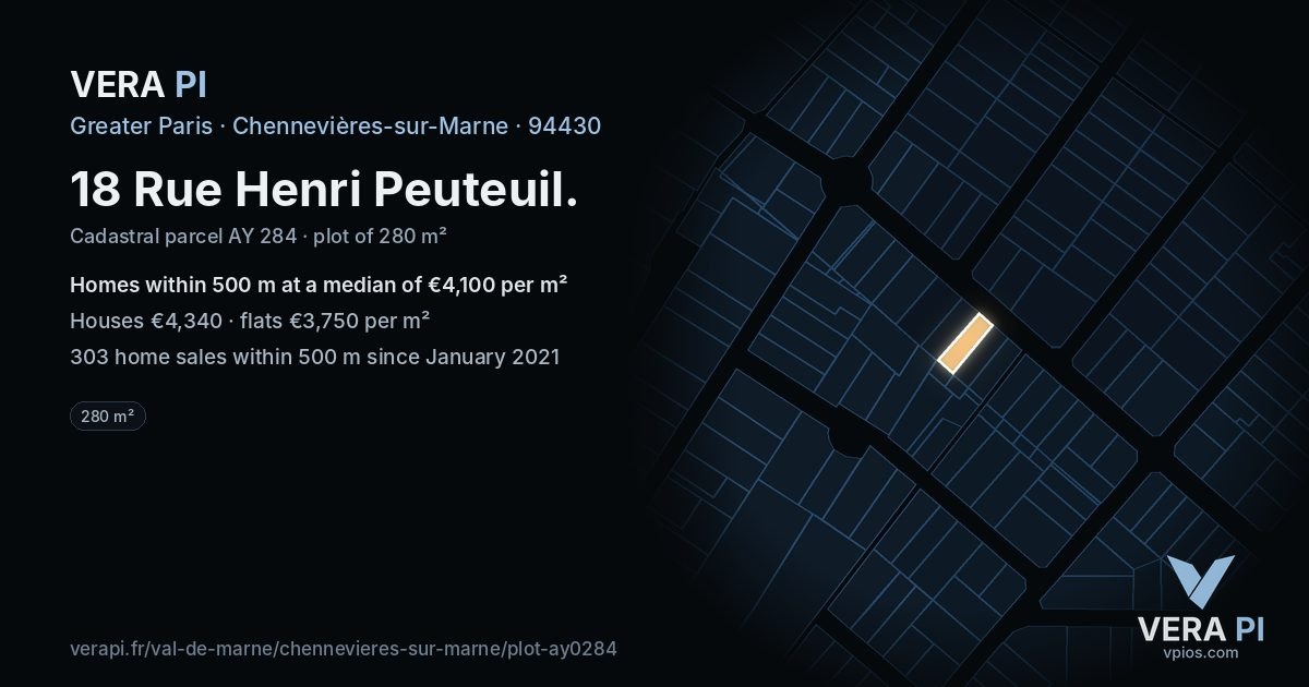 18 Rue Henri Peuteuil, Chennevières-sur-Marne at night – the plot lit, the parcels around coloured by the prices near them