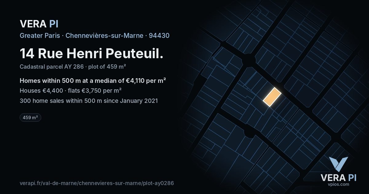 14 Rue Henri Peuteuil, Chennevières-sur-Marne at night – the plot lit, the parcels around coloured by the prices near them