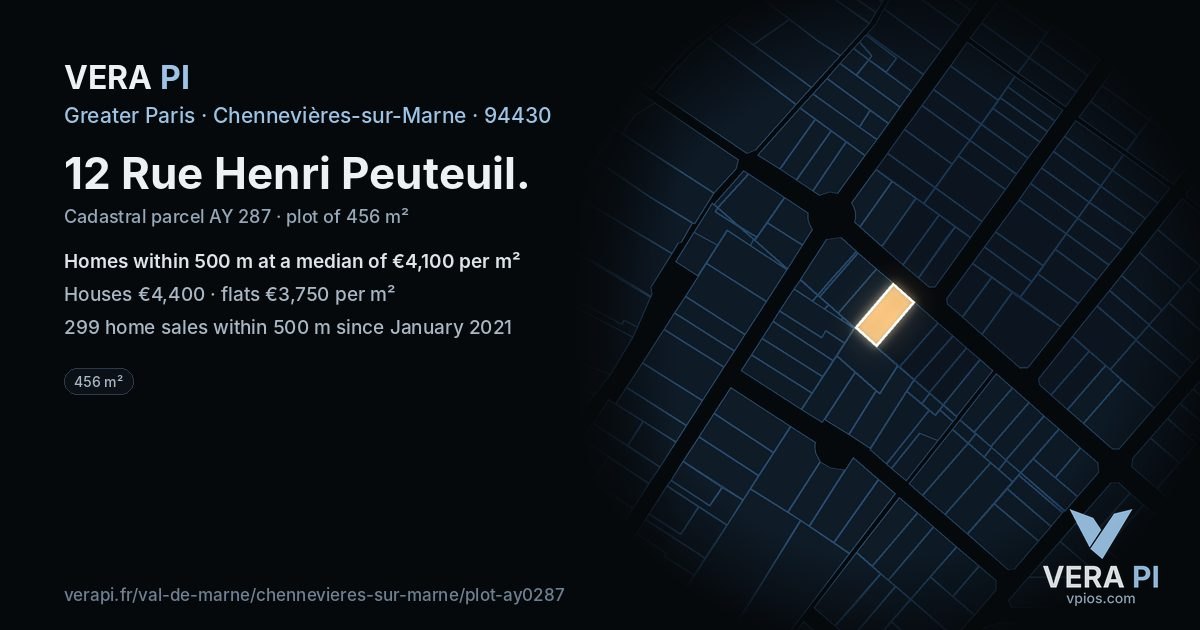 12 Rue Henri Peuteuil, Chennevières-sur-Marne at night – the plot lit, the parcels around coloured by the prices near them
