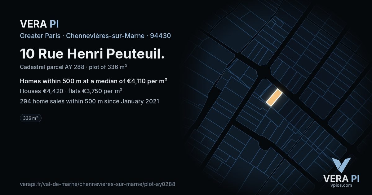 10 Rue Henri Peuteuil, Chennevières-sur-Marne at night – the plot lit, the parcels around coloured by the prices near them